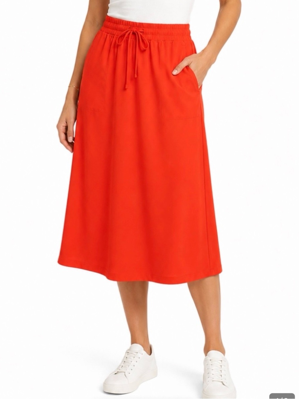 Spanx Sz M Luxe Drape MIDI Skirt Classic Poppy Red  Workwear Travel Boho Fall